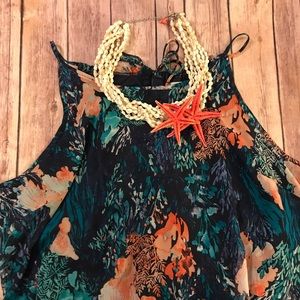 High low navy and coral printed chiffon dress