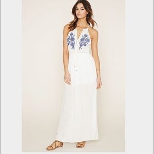Forever 21 White Maxi Dress with Blue Embroidery