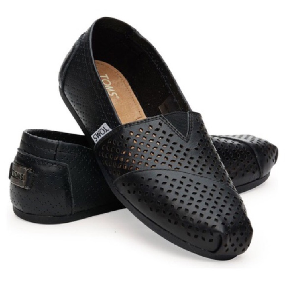 TOMS Black Leather Perforated Slip-on Shoes