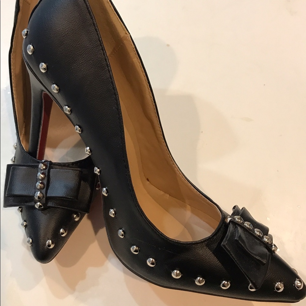 Black with Silver Studded Stilettos - red bottom