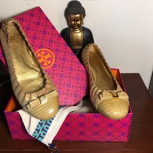 Tory Burch "Romy" suede metallic gold flats
