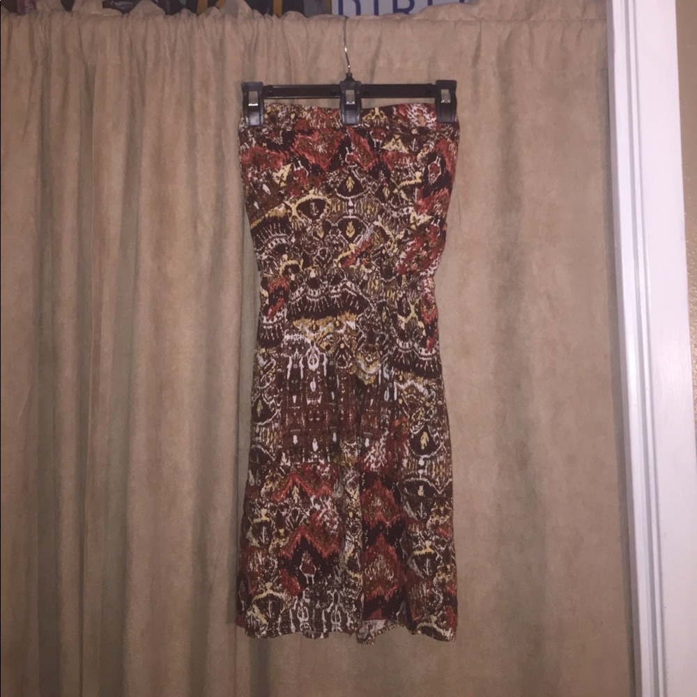Brown & White Patterned Strapless Dress