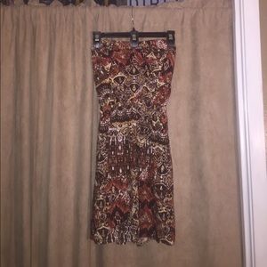 Brown & White Patterned Strapless Dress