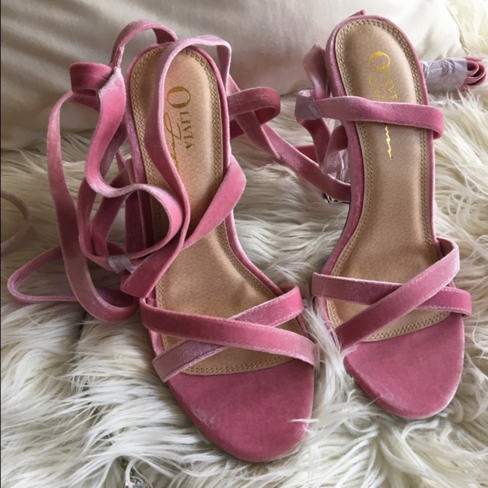 NWB velvet strappy sandals with crystal clear heel
