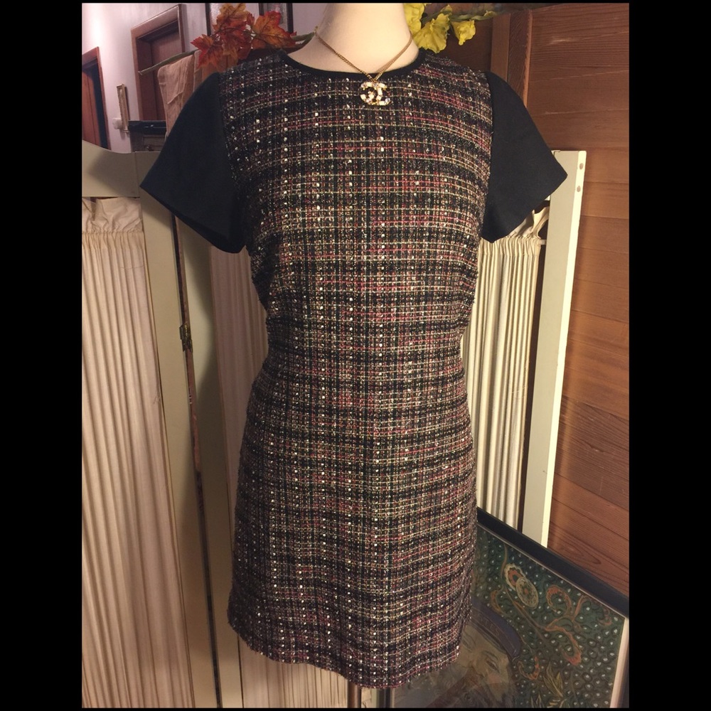 HOLD😄14-BANANA REPUBLIC BLACK/PLAID/SILVER DRESS - Picture 2 of 6