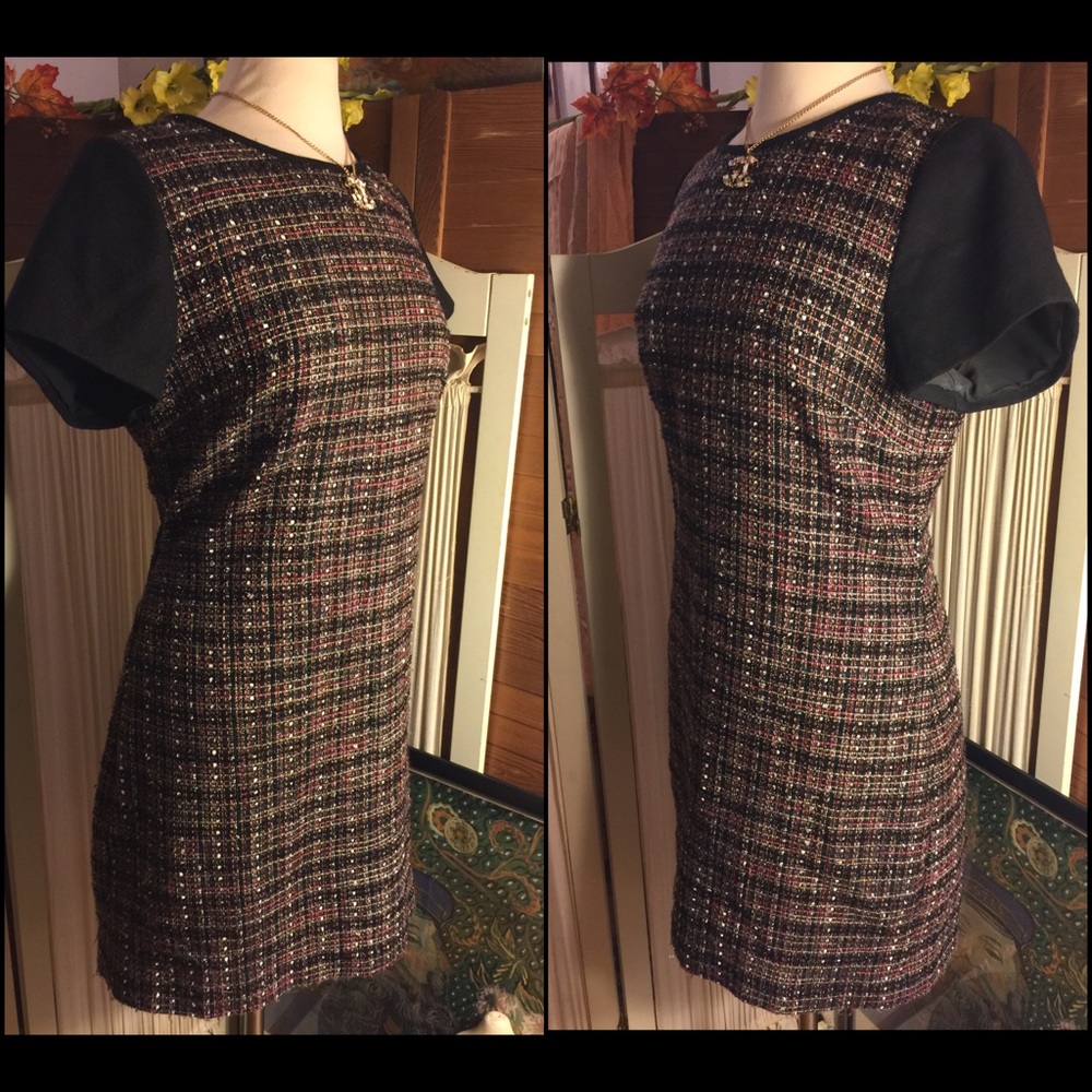 HOLD😄14-BANANA REPUBLIC BLACK/PLAID/SILVER DRESS - Picture 3 of 6