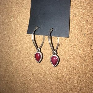 Red stone & silver dangly earrings
