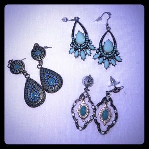Three Turquoise & Gunmetal Costume Earrings
