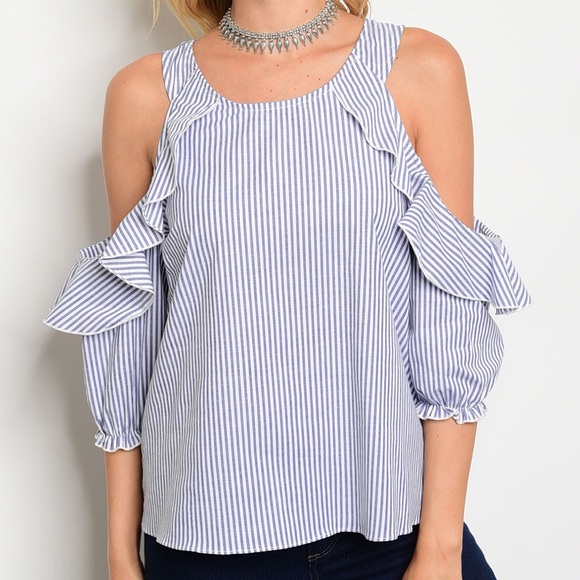 Pinstripe Ruffle Cold Shoulder Blouse - Picture 2 of 5