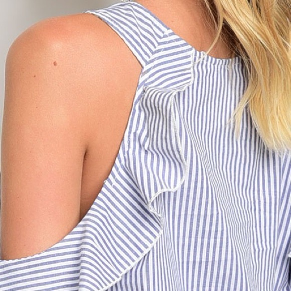 Pinstripe Ruffle Cold Shoulder Blouse - Picture 4 of 5