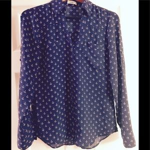 Navy Express Anchor Portofino Button Down Blouse