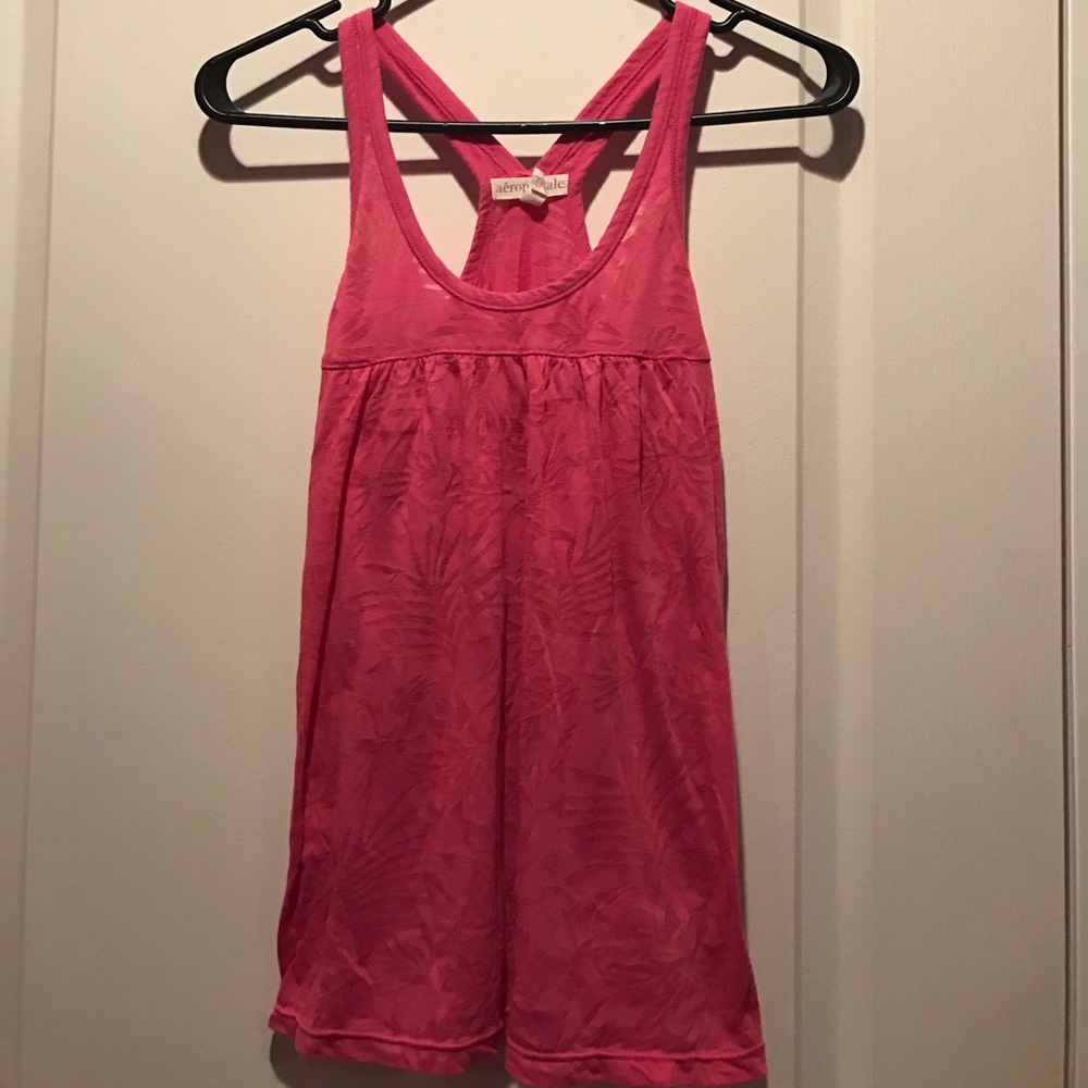 Pink razor back tank top with light palm leaves