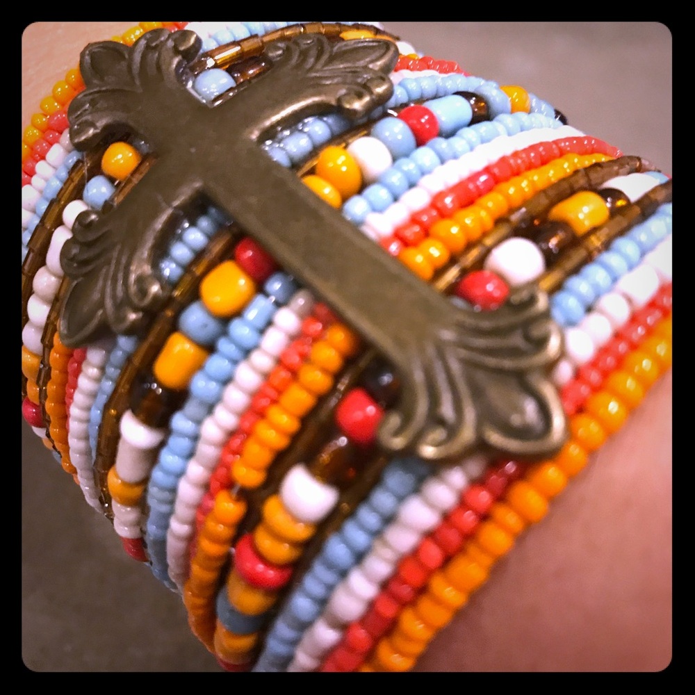 Beaded cuff bracelet with cross