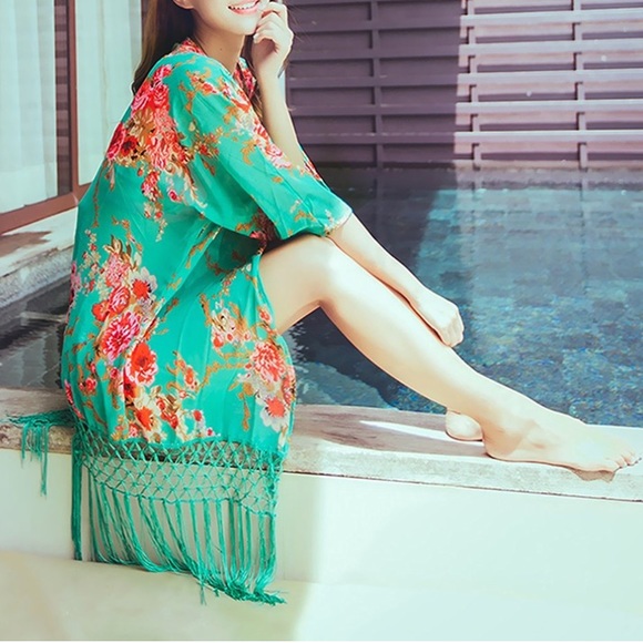 🔥LAST ONE🔥🌺Green Floral Kimono // Swim Coverup - Picture 2 of 8