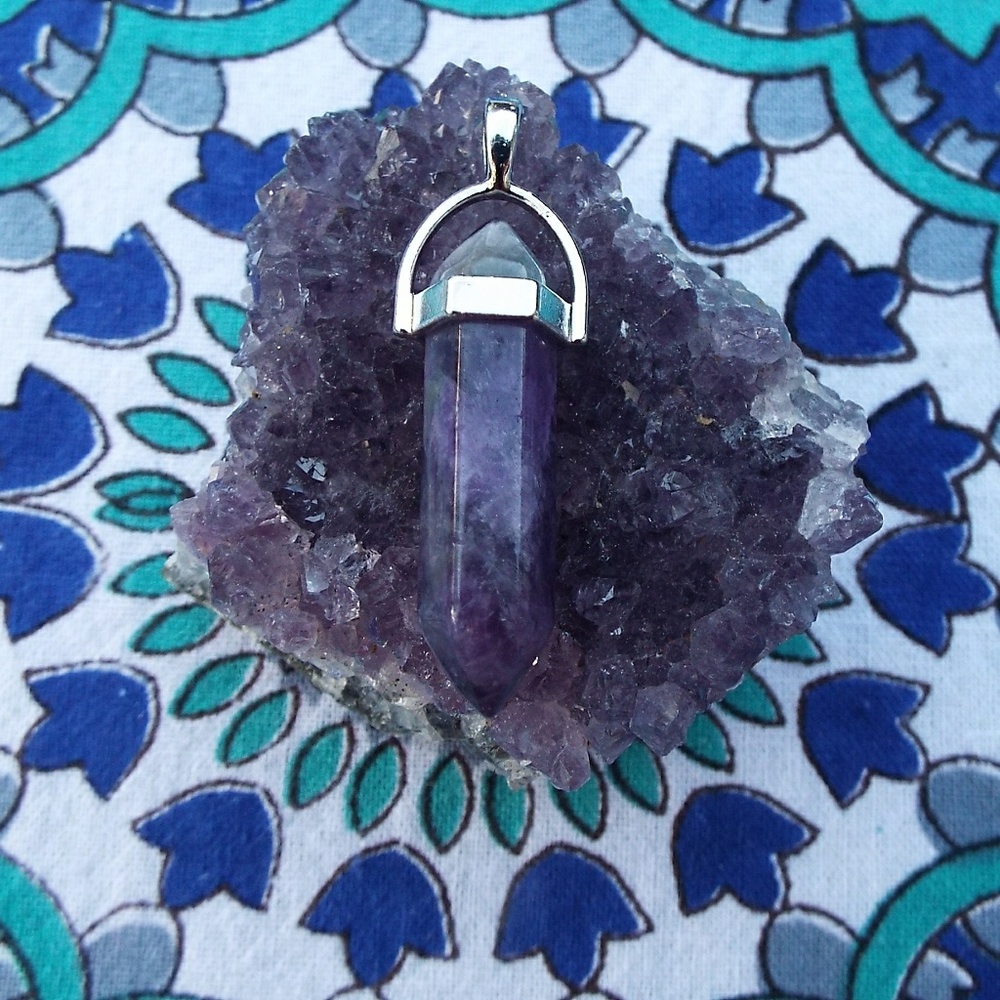 Amethyst Crystal Point Necklace With Black Cord