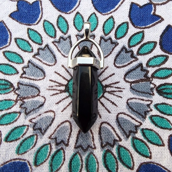 Black ObsidianCrystal Point Necklace W/ Black Cord - Picture 1 of 3