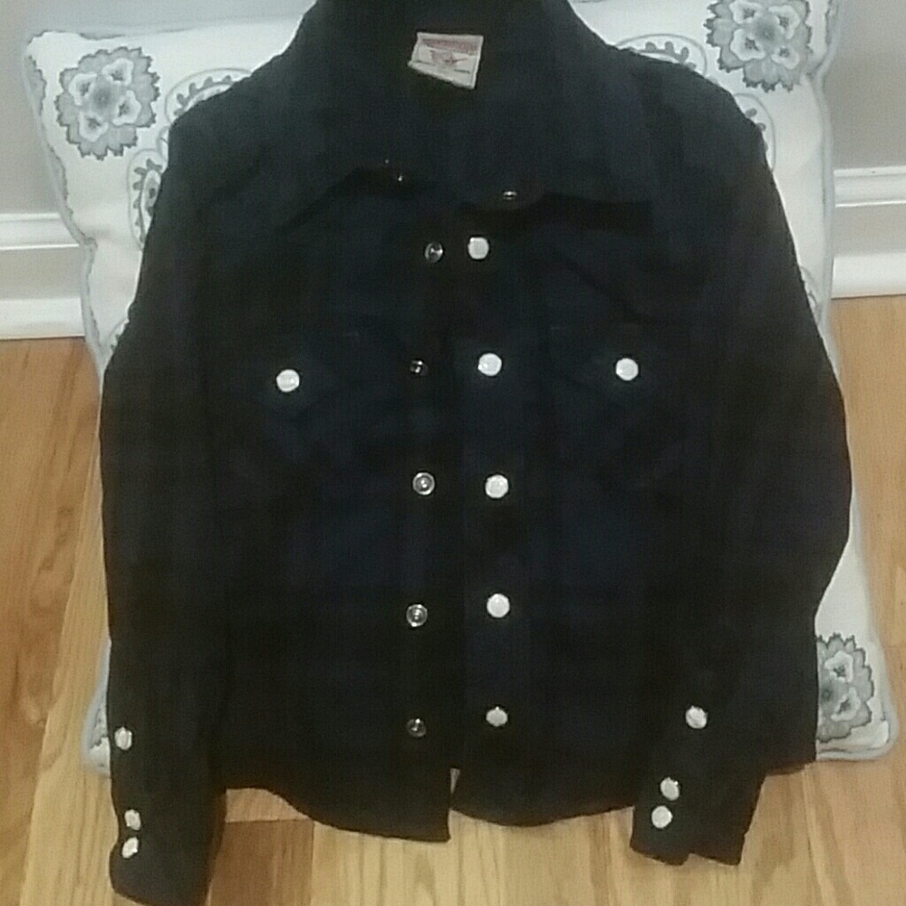 4(xs) blue/black plaid true religion shirt