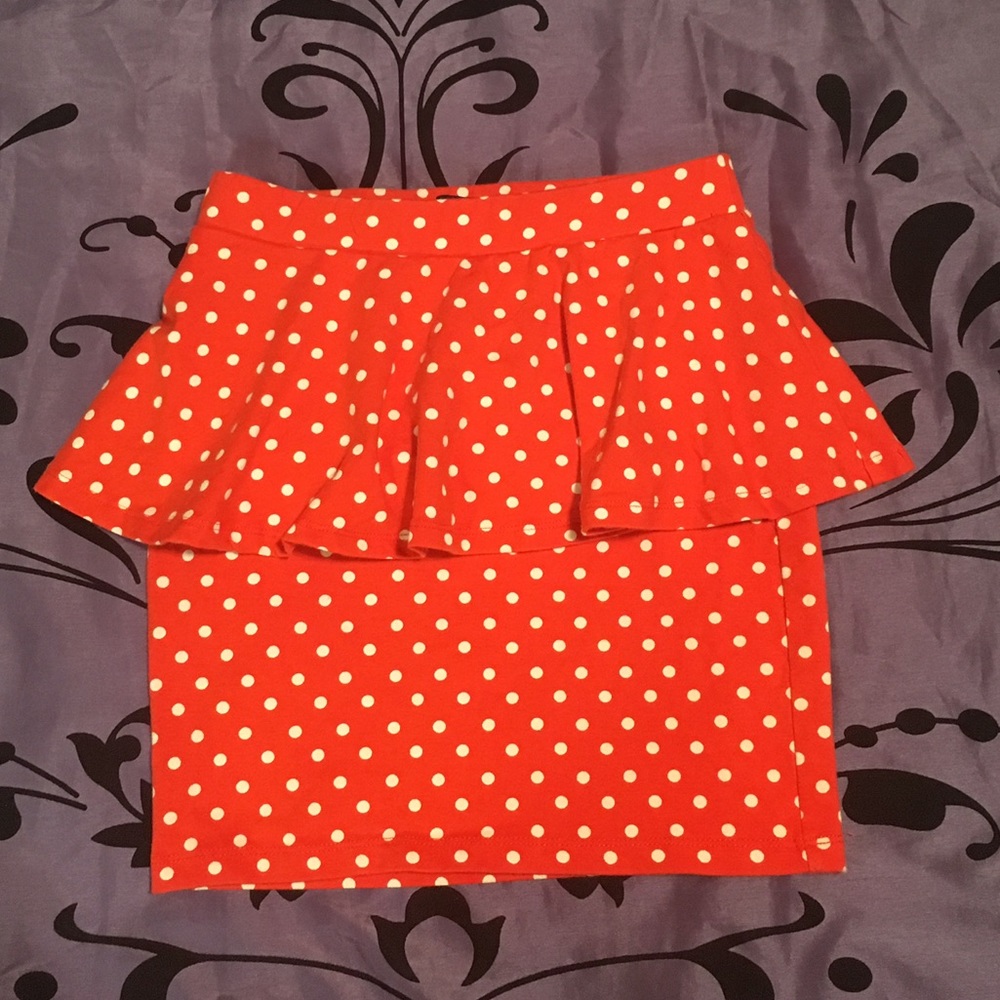 Orange and White Polka Dot Peplum Mini Skirt