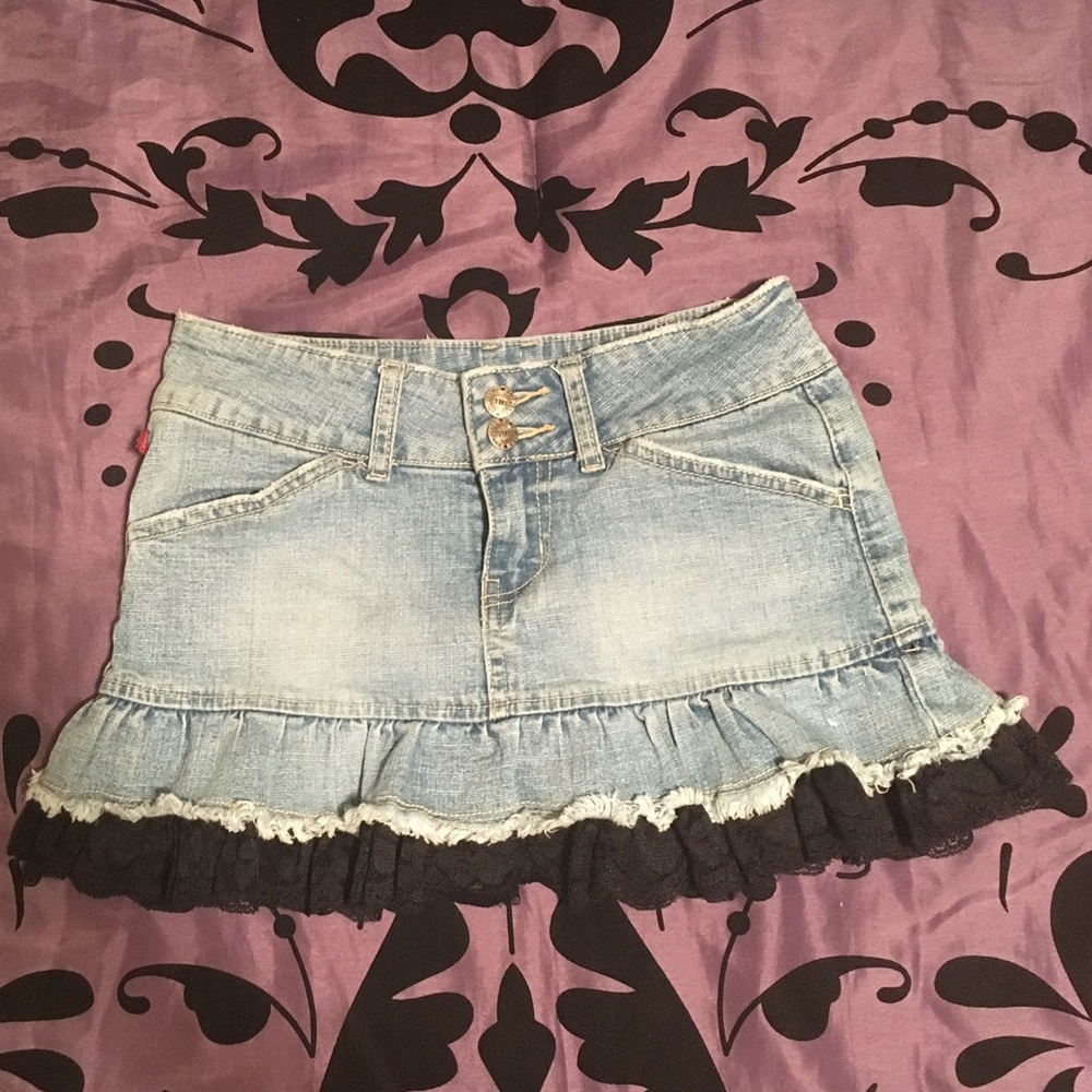 Jean Micro Mini Skirt with Black Lace Detailing