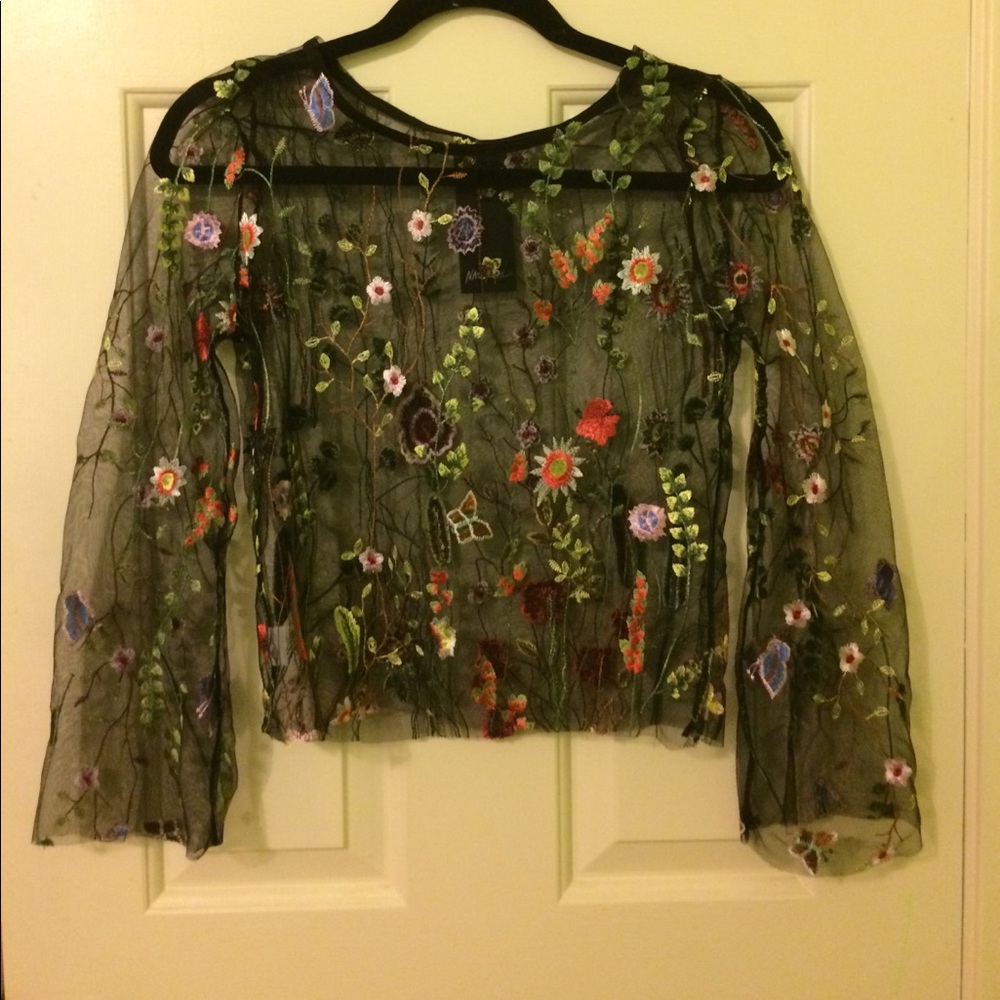 Brand new Nasty Gal black mesh embroidered top