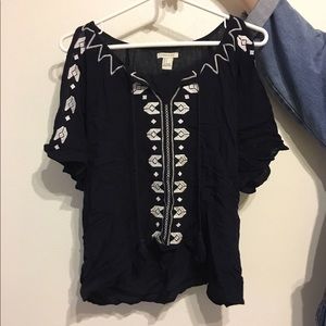 Navy blue with white stitching flowy top