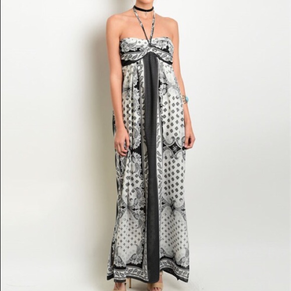 Black And Ivory Strapless/ Halter Maxi Long Dress