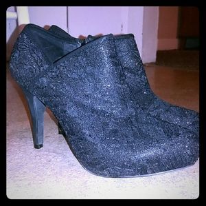 Black shimmer lace stiletto booties