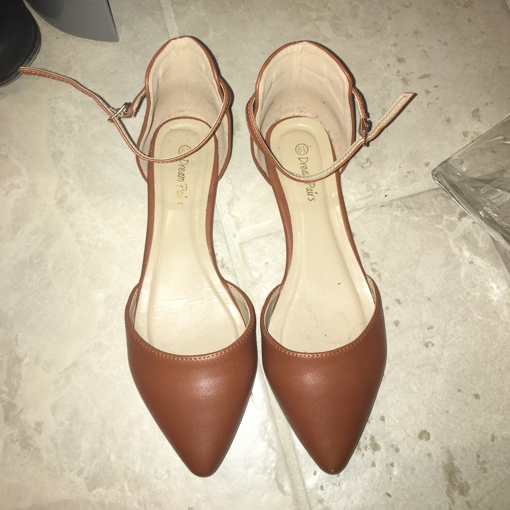 Tan Faux Leather Ankle Strap Flats