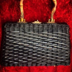Vintage Black Woven Vinyl Wicker Purse Wood Handle