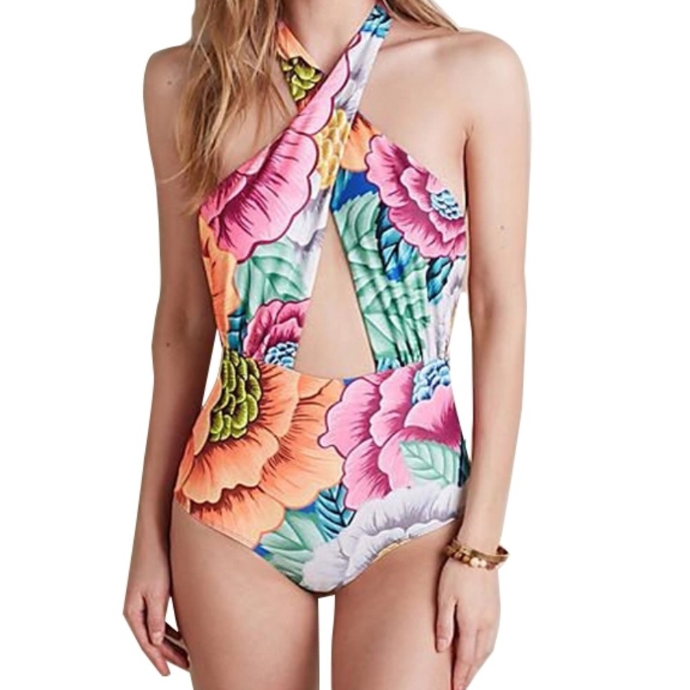 Floral one piece suit. Medium. Monkini. Flowers.