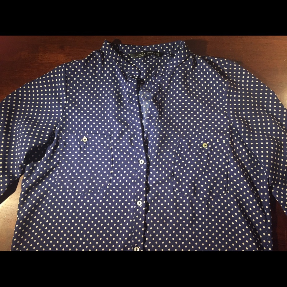 Zara Navy/White Polka Dot Printed Blouse