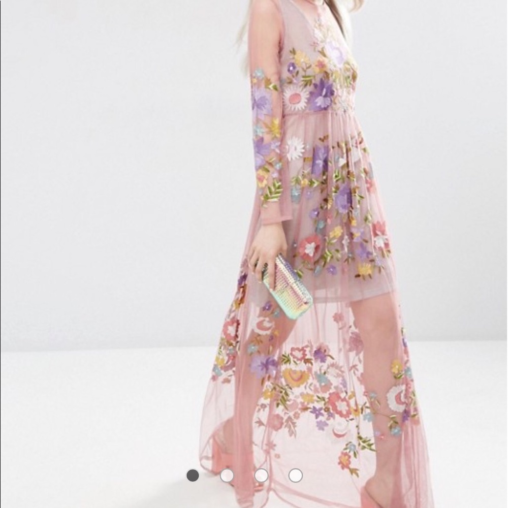 Embroidered Mesh Maxi Dress with Metallic Cami