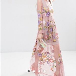 Embroidered Mesh Maxi Dress with Metallic Cami