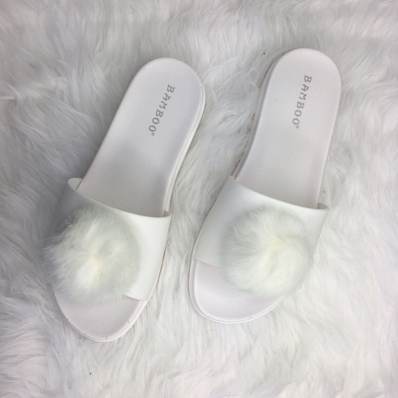 pom slides fur pom ð from On 8 slides karin Fur Pom Pom Sandals ! Slide White