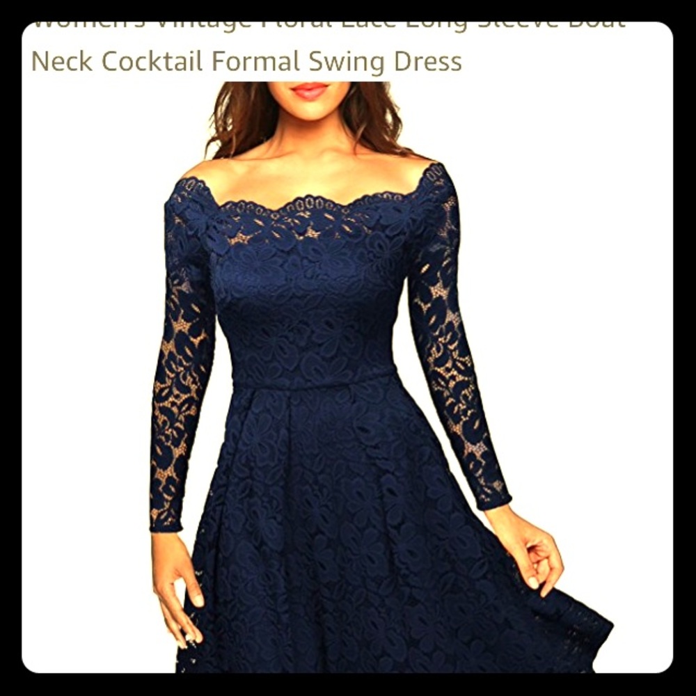 Vintage Floral Lace Boat neck Navy  Dress