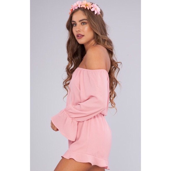 🎉CLEARANCE🎉 Pink Off-Shoulder Bell Sleeve Romper - Picture 2 of 6