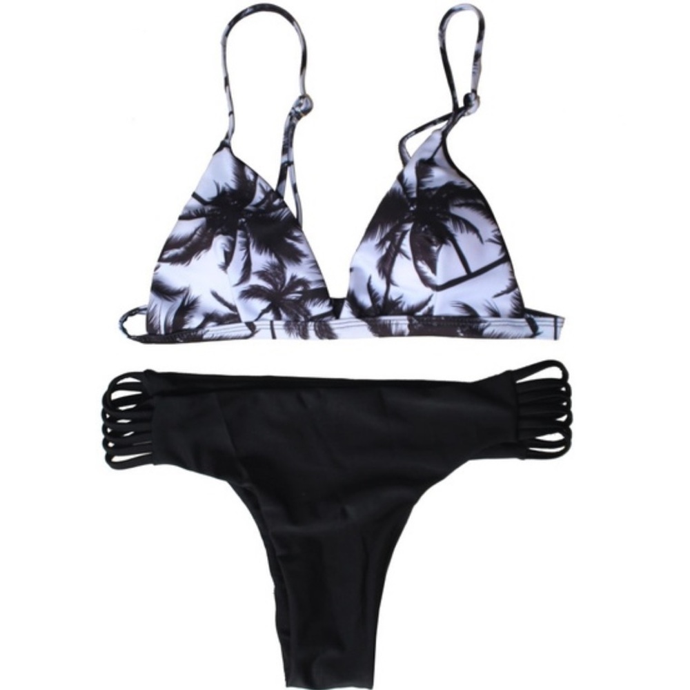 Brand New Black Palm Printed White Bikini