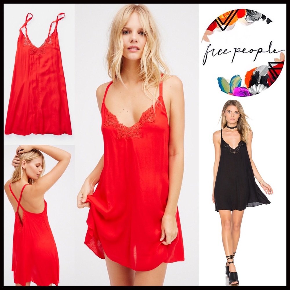 ❌SOLD❌FREE PEOPLE Red Slip Dress Crochet Lace - Picture 2 of 8