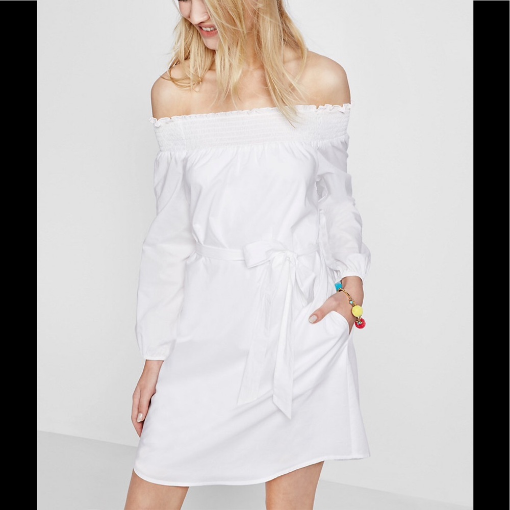 Smocked Off The Shoulder Linen-Cotton Tunic Dress