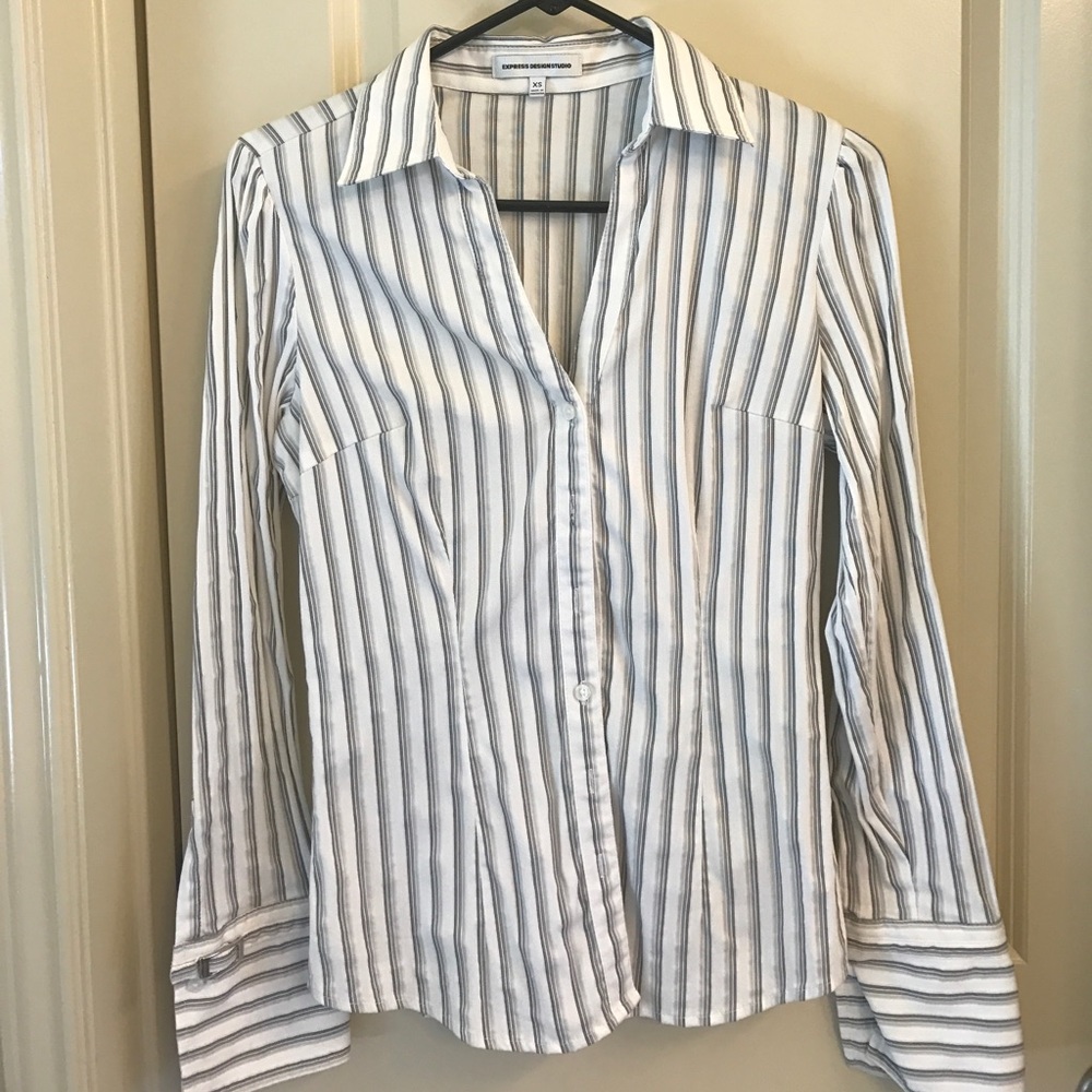 Gray striped button-down longsleeved blouse