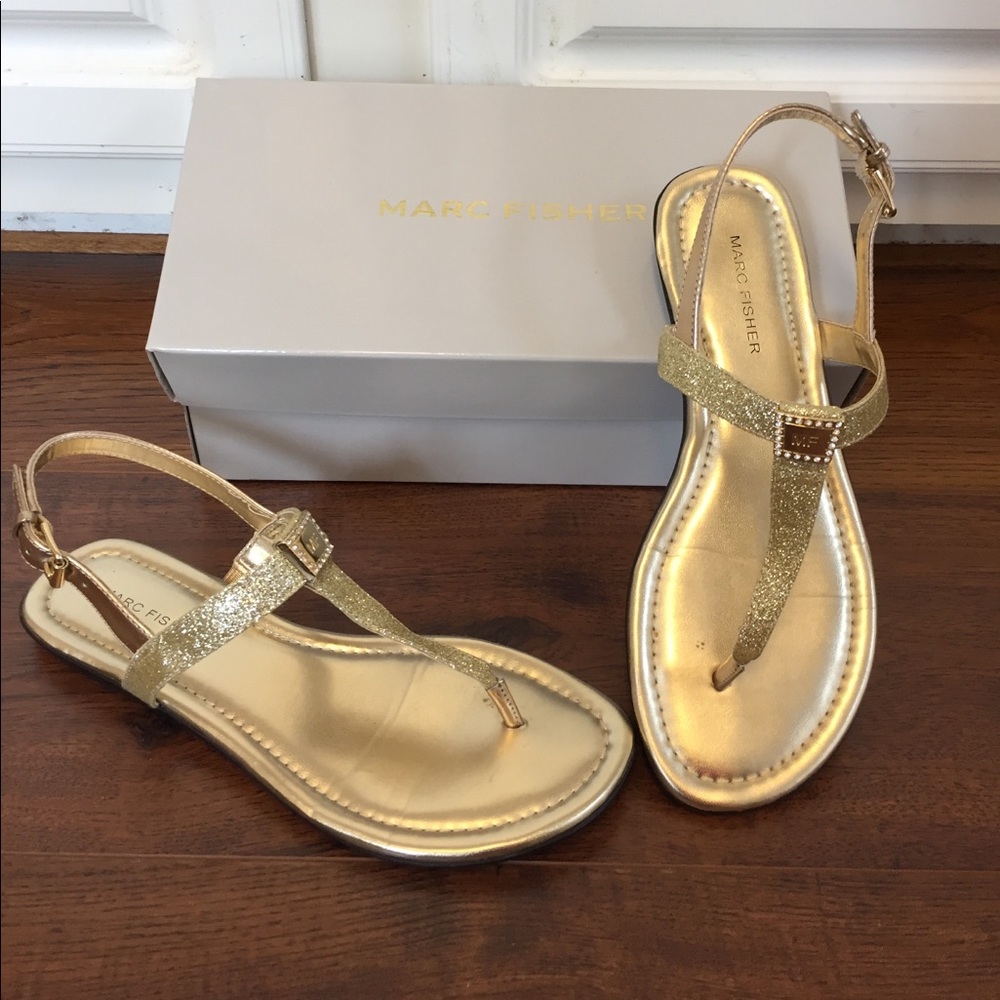 Nib Marc Fisher T- Strap Gold Glitter Sandals - image 1