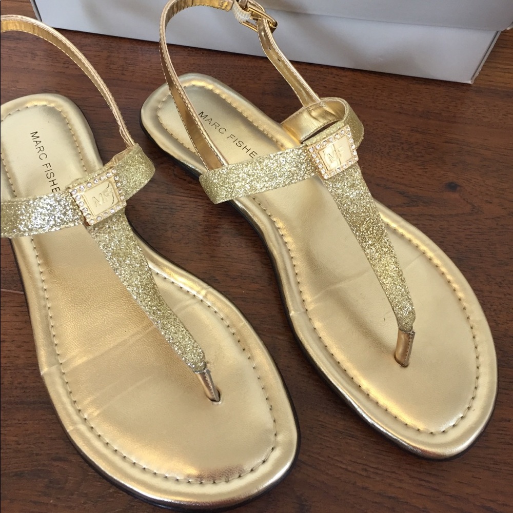 Nib Marc Fisher T- Strap Gold Glitter Sandals - image 4