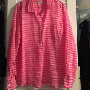 J Crew pink silk linen blend stripe button down