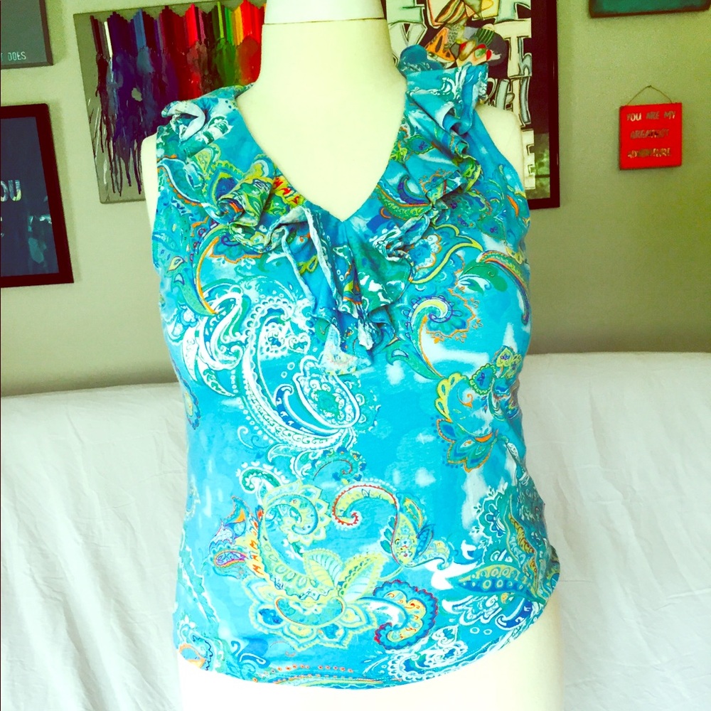 🛍️Ralph Lauren Blue Ruffle Neck Paisley Tank