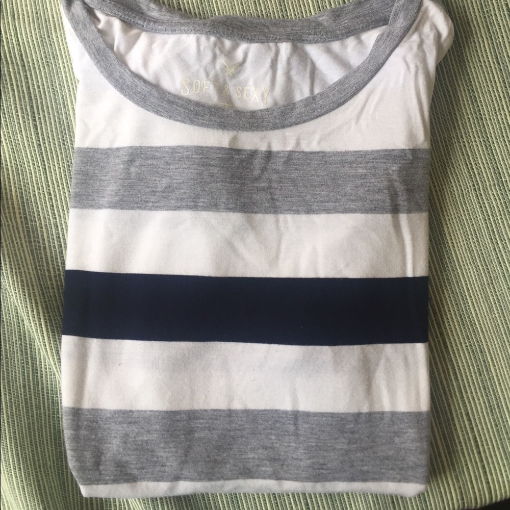 SOLD! Grey, white, blue striped sexy tee