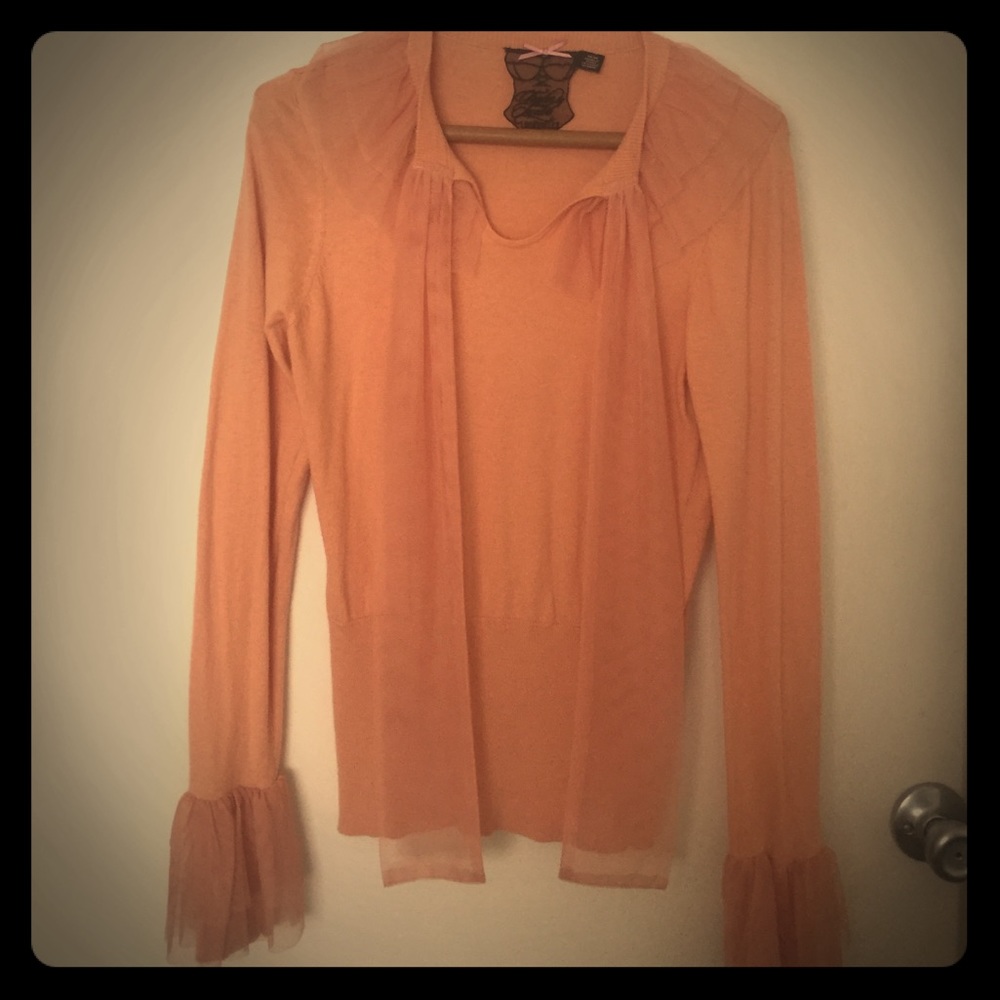 Peach Secretary Sweater with lace bow tie