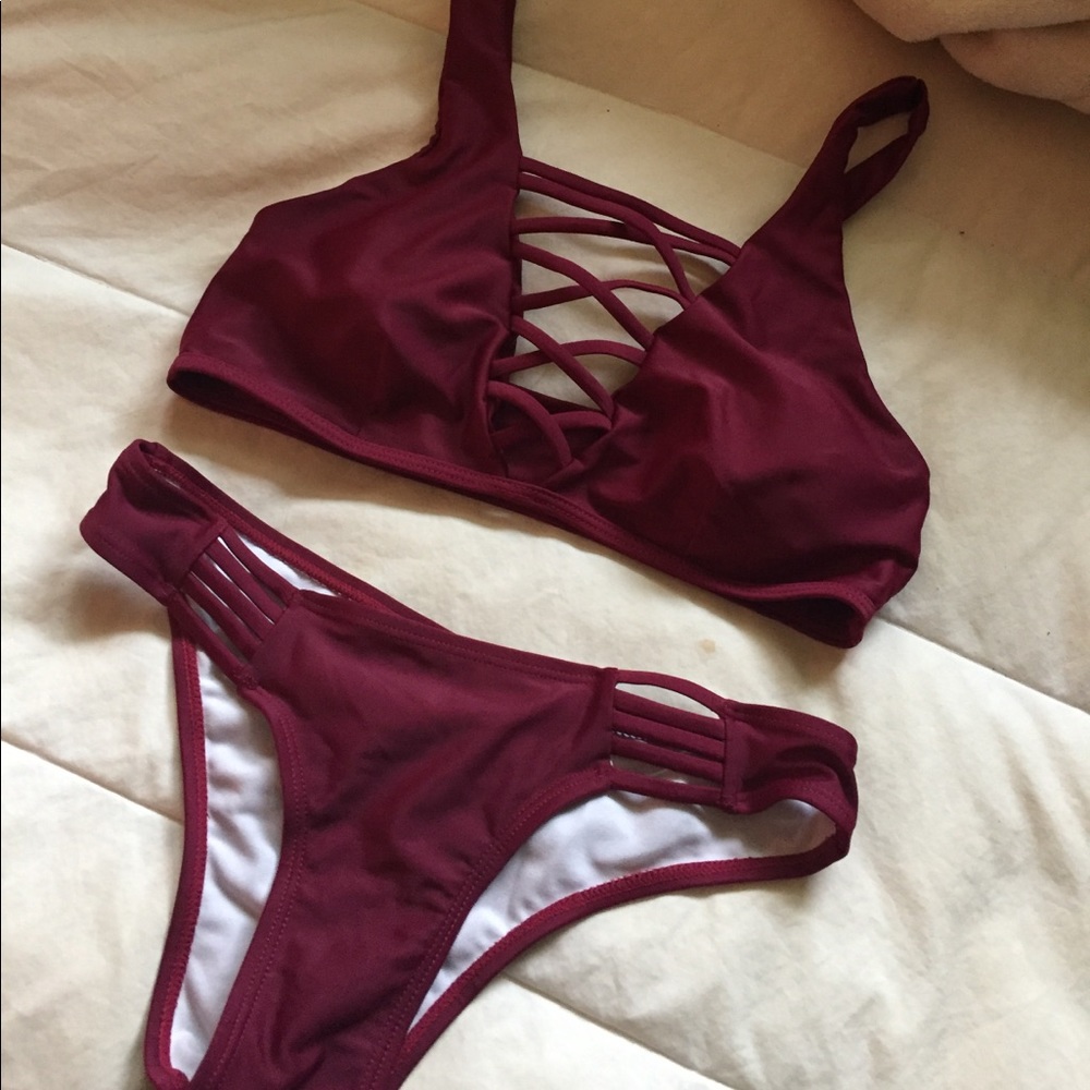 Zaful Burgundy Caged Bikini Set
