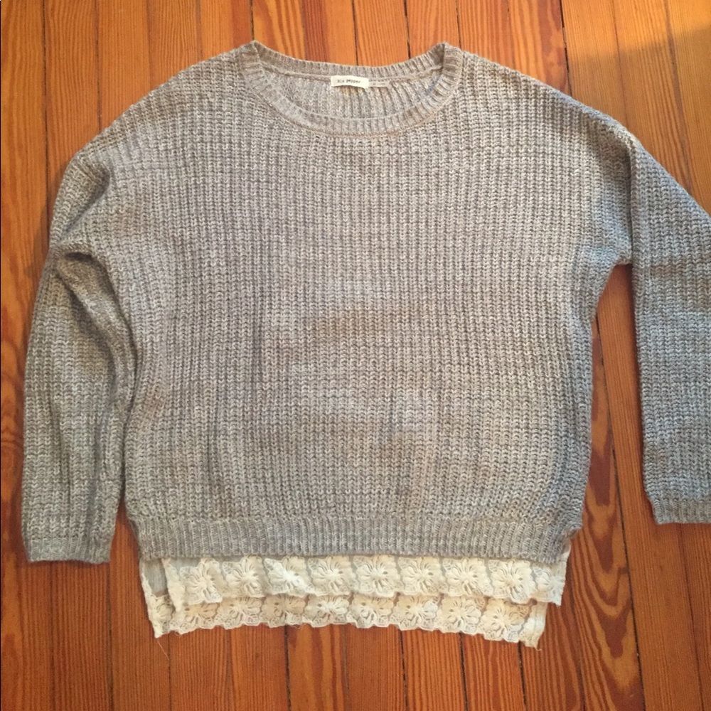 Gray sweater with lace trim