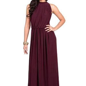 Wine-red, high neck, maxi dress with tie closure