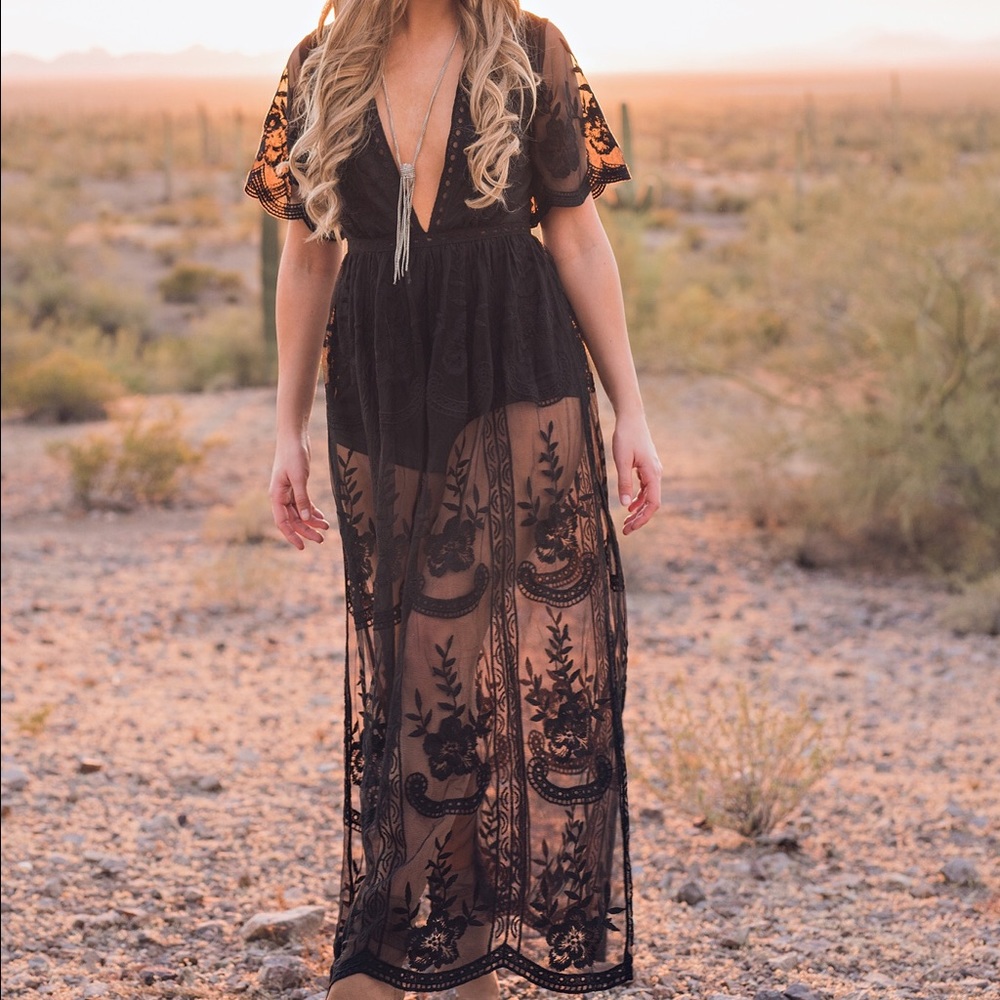 Black lace romper maxi dress